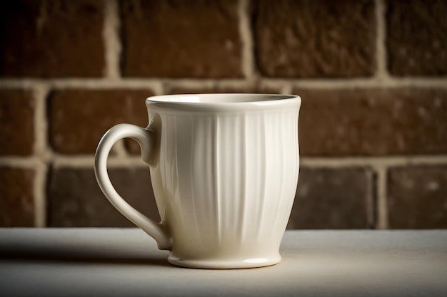 A mug that is sitting on a table with a brick wall behind it.