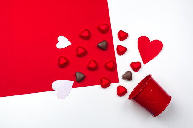 Mug with chocolate hearts. Flat lay composition. Romantic, St Valentines Day concept