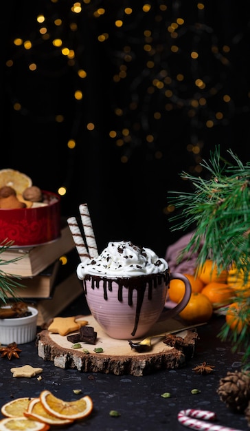 A mug with chocolate streaks and a cap of whipped cream