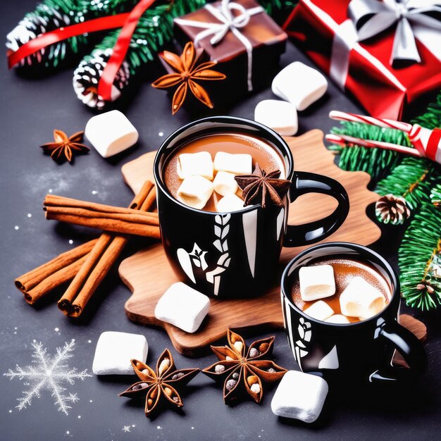 Mug with cocoa and marshmallows with cinnamon and star anise on Christmas black background