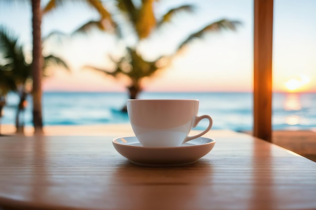 Mug with coffee on the table against the background of palm trees Generative AI