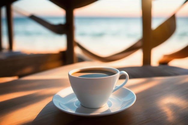 Mug with coffee on the table against the background of palm trees Generative AI