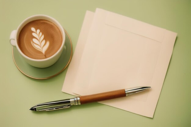 Una tazza con caffè sul tavolo una penna giace su un tovagliolo per la composizione del mockup delle note ai generativa