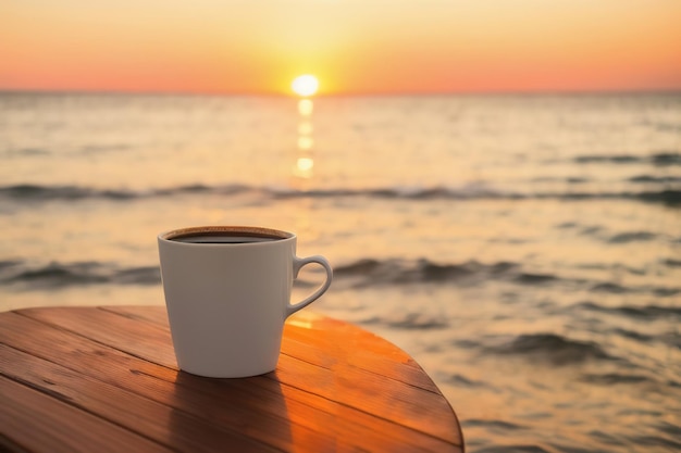 A mug with coffee on a table on a tropical island against the backdrop of ocean waves Generative AI