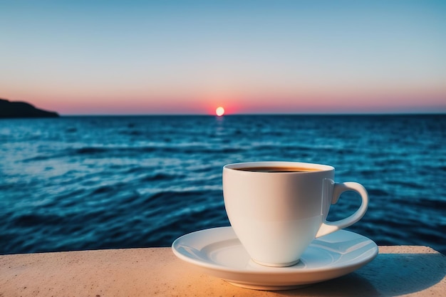 A mug with coffee on a table on a tropical island against the backdrop of ocean waves Generative AI