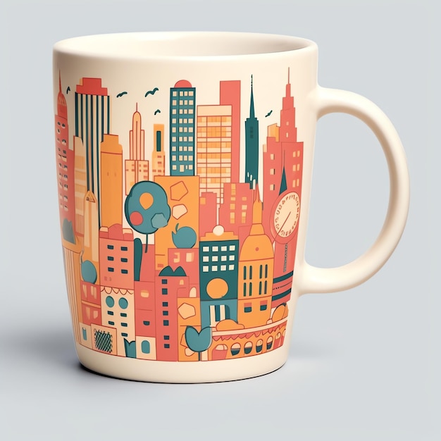 A mug with a doodle hand drawn new york or summer design on it Mug mockup and hand drawn doodle