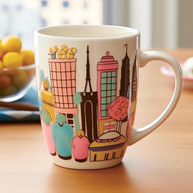 A mug with a doodle hand drawn new york or summer design on it mug mockup and hand drawn doodle