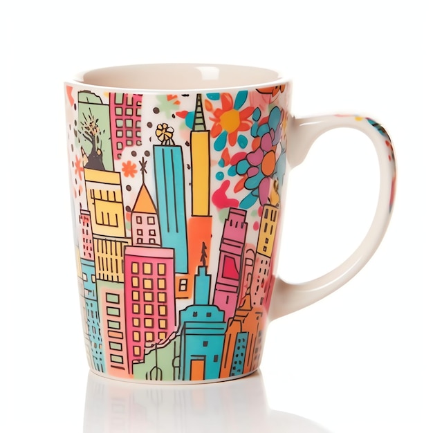 Photo a mug with a doodle hand drawn new york or summer design on it mug mockup and hand drawn doodle