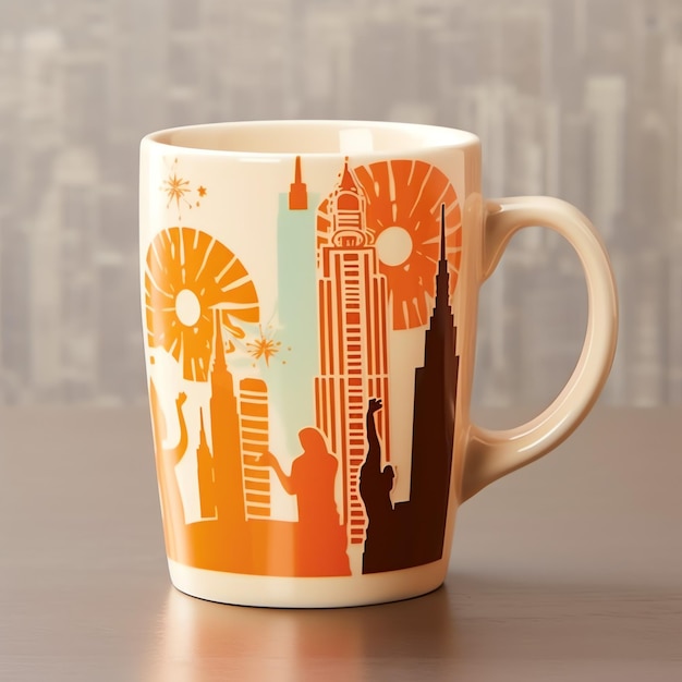 Photo a mug with a doodle hand drawn new york or summer design on it mug mockup and hand drawn doodle