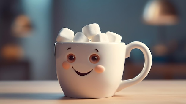 Photo a mug with a face made of marshmallows sits on a table.