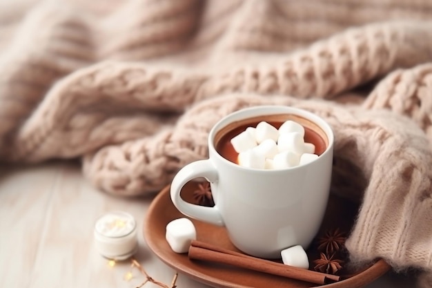 Mug with hot chocolate cacao with marshmallows cozy warm sweater and cozy decoration