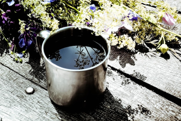 Mug with the liquid metal on a wooden table