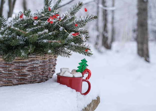 ウィンターパークの雪の上にマシュマロとクリスマスのお菓子を入れたマグカップ