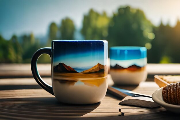 Photo a mug with a mountain landscape on it