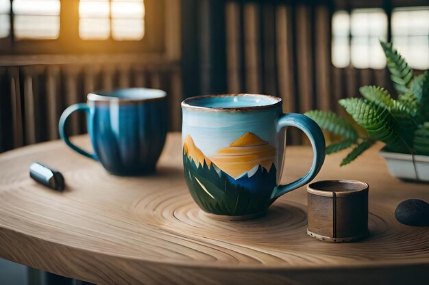 a mug with a mountain landscape painted on it