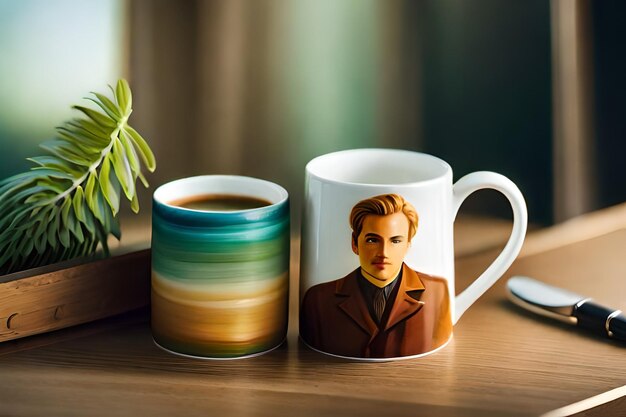 a mug with a picture of a man on it and a mug with a picture of a man on it