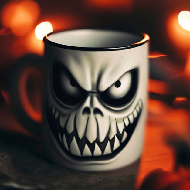 Mug with scary Jack's face Halloween background Halloween party