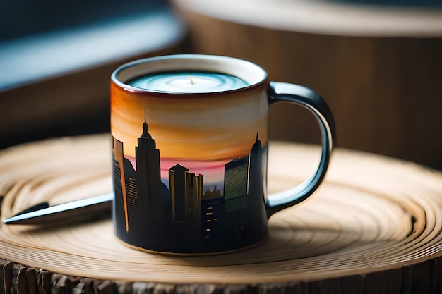 Photo a mug with the skyline in the background