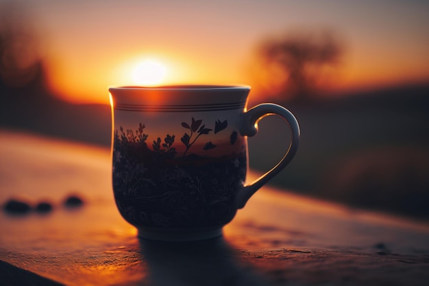 A mug with a sunset in the background