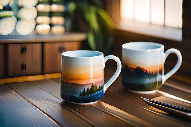 a mug with a sunset on it sits on a table.