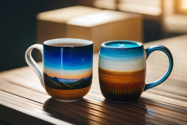 a mug with a sunset on the top