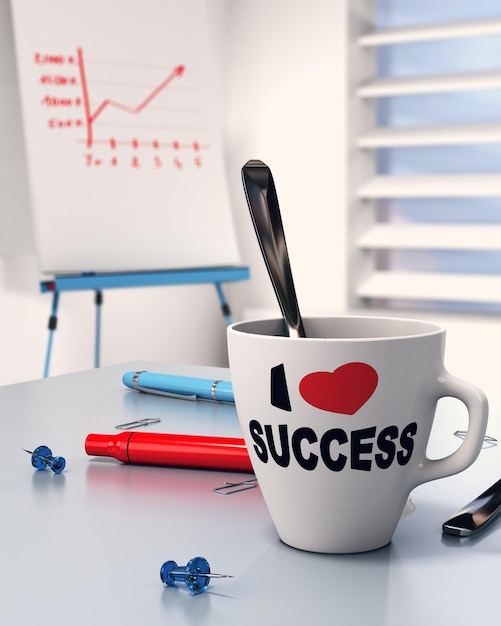 Mug with the text i love success office table and flipchart with diagram. Concept of successful executive.