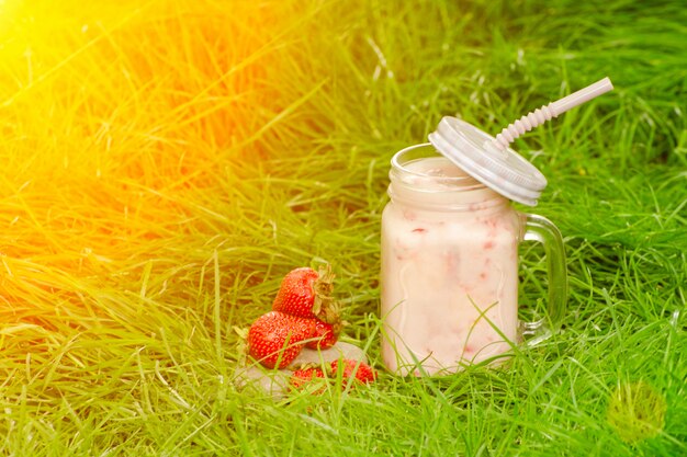 Mug of yogurt and strawberry on a green grass, sunlight