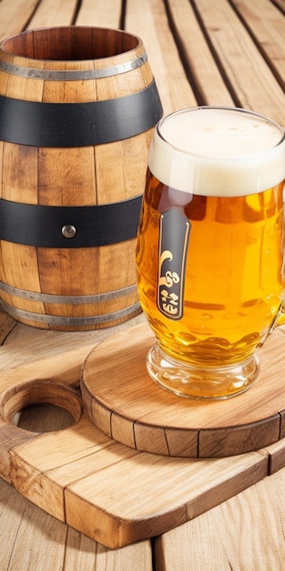 Mugs of beer with sausages on a table by Oktoberfest