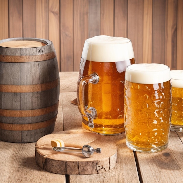 Mugs of beer with sausages on a table by Oktoberfest