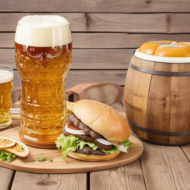 Mugs of beer with sausages on a table