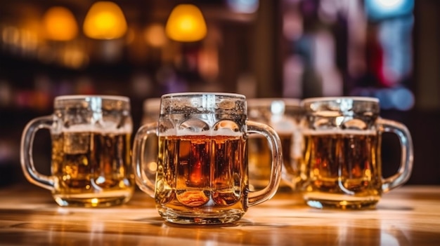 A mugs of cold beer in a pub copy space Generated AI