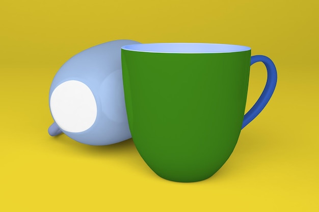 Mugs Front View Isolated In Yellow Background