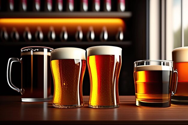 Mugs full of beer on a bar counter