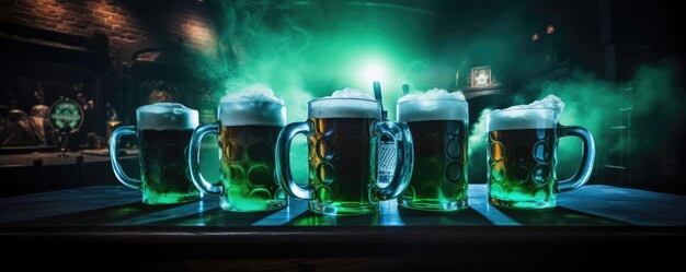 Mugs full of green irish beer with foam on a bar counter panorama Generative Ai