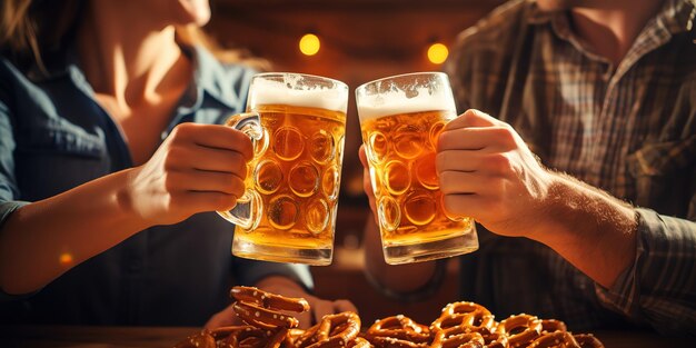 Mugs with beer and a pretzel on a wood background Oktoberfest concept