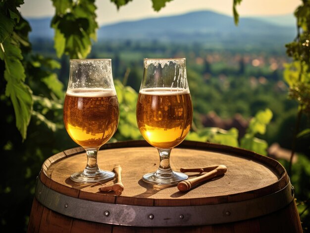 Mugs with beer on a wine barrel on a summer day