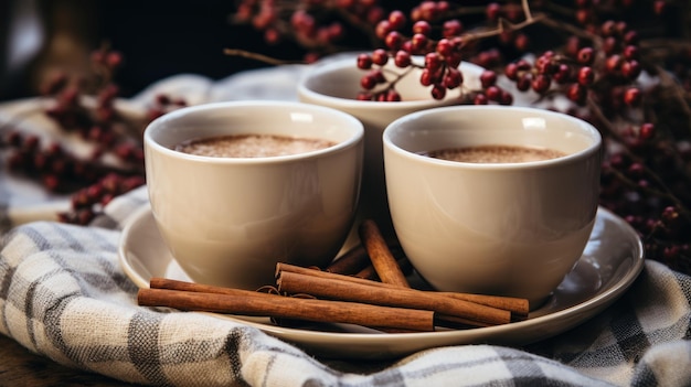 Mugs with coffee with cinnamon and anise beside