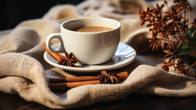 Mugs with coffee with cinnamon and anise beside