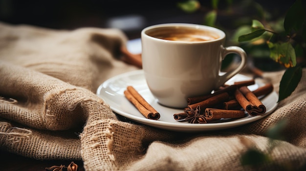 Mugs with coffee with cinnamon and anise beside