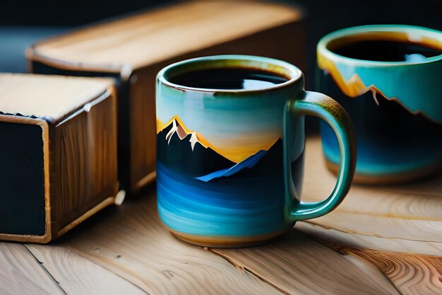 mugs with mountains in the background