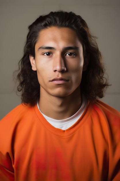 Mugshot of young native american male prisoner in orange jumpsuit