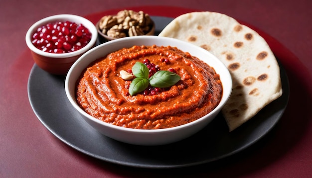 Photo muhammara roasted bell pepper spread served with roti bread walnuts and pomegranate