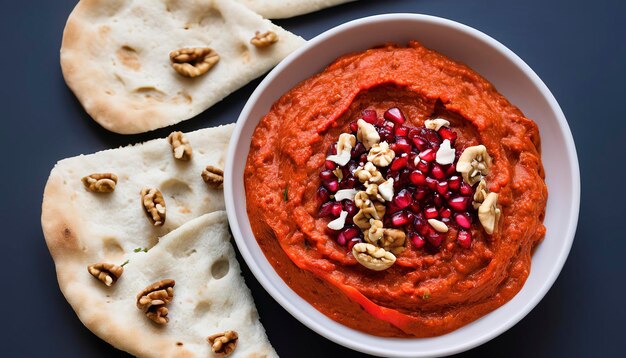 Photo muhammara roasted bell pepper spread served with roti bread walnuts and pomegranate