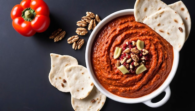 Photo muhammara roasted bell pepper spread served with roti bread walnuts and pomegranate