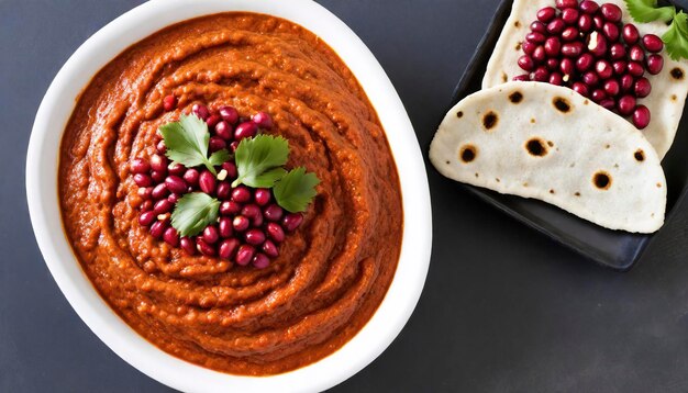 Photo muhammara roasted bell pepper spread served with roti bread walnuts and pomegranate