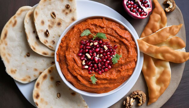 Muhammara roasted bell pepper spread served with roti bread walnuts and pomegranate