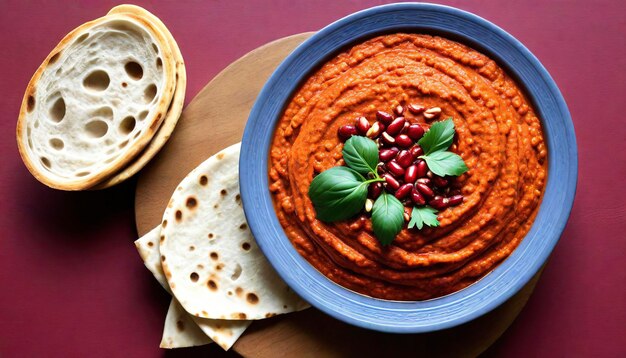 Photo muhammara roasted bell pepper spread served with roti bread walnuts and pomegranate