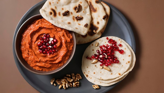 Muhammara roasted bell pepper spread served with roti bread walnuts and pomegranate