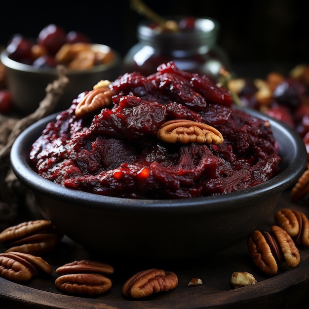 Photo muhammara spicy dip made with roasted red peppers walnuts breadcrumbs middle eastern cuisine