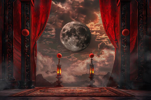 Muharram festival background with moon and lamps